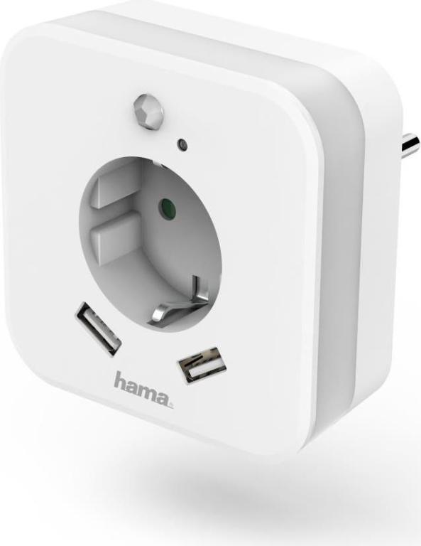 Image HAMA Nachtlicht mit Steckdose und USB, 2,4A, 2 Ausgänge, Helligkeitssensor (001