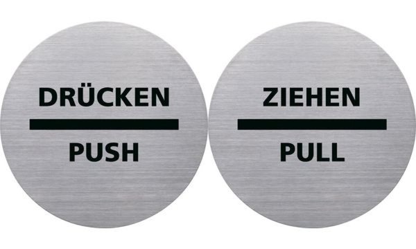 Image HELIT Piktogramm "DRÜCKEN/PUSH", Durchmesser: 115 m, silber selbstklebend, aus 