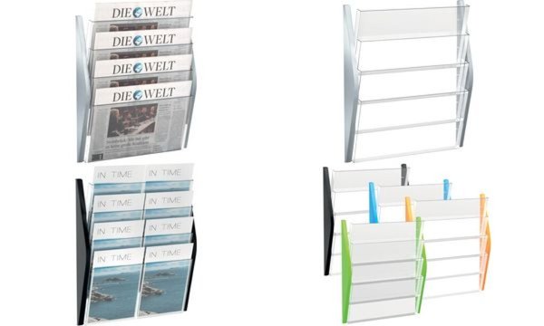 Image HELIT Wand-Prospekthalter, DIN A3 quer, 4 Fächer, silber Seitenteile aus farbig