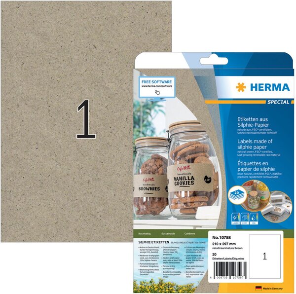 Image HERMA Etiketten aus Silphie-Papier, 210 x 297 mm, naturbraun