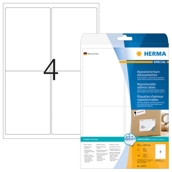 Image HERMA Adressetik. A4 weiß 99,1x139  mm Papier opak 100 St.