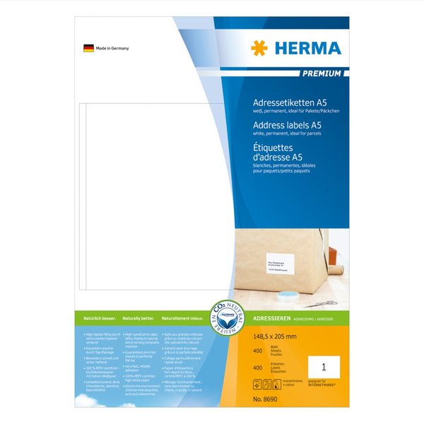 Image HERMA Adressetiketten A5 weiß 148,5x205 mm Papier 400 St.