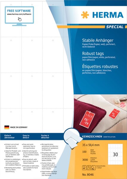 Image HERMA Anhäng. reißfest A4 35x59,4  mm weiß perfor. 3000 St.
