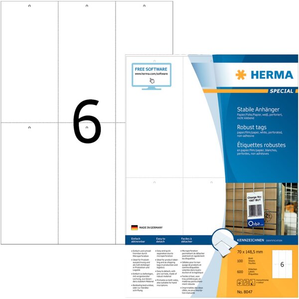 Image HERMA Anhäng. reißfest A4 70x148,5 mm weiß perfor.  600 St.