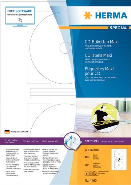 Image HERMA CD-Etik. Maxi A4 weiß 116 mm Papier opak  200 St.