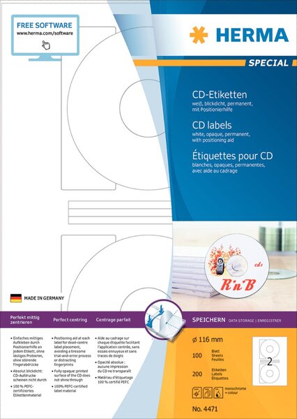 Image HERMA CD-Etiketten A4 weiß 116 mm Papier opak 200 St.