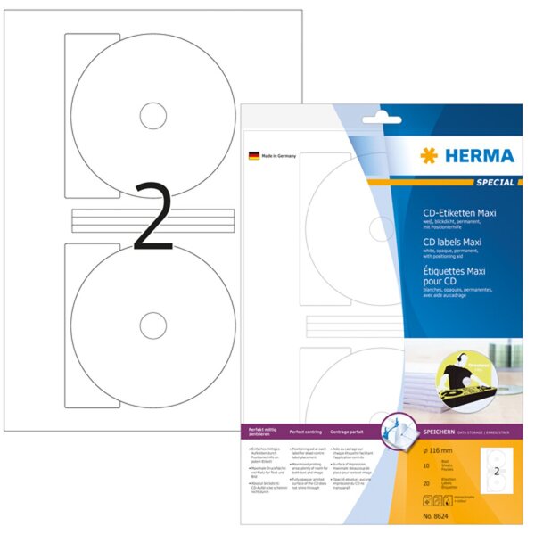 Image HERMA CD-Etiketten Maxi A4 weiß 116 mm Papier opak 20 St.
