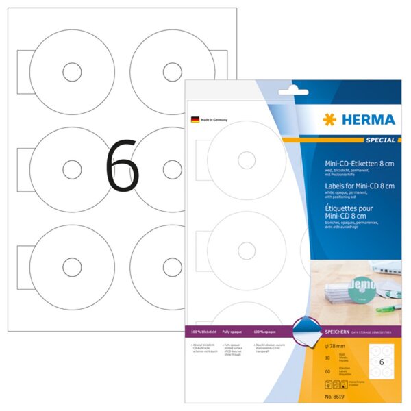 Image HERMA CD-Etiketten Mini A4 weiß  78 mm Papier opak 60 St.