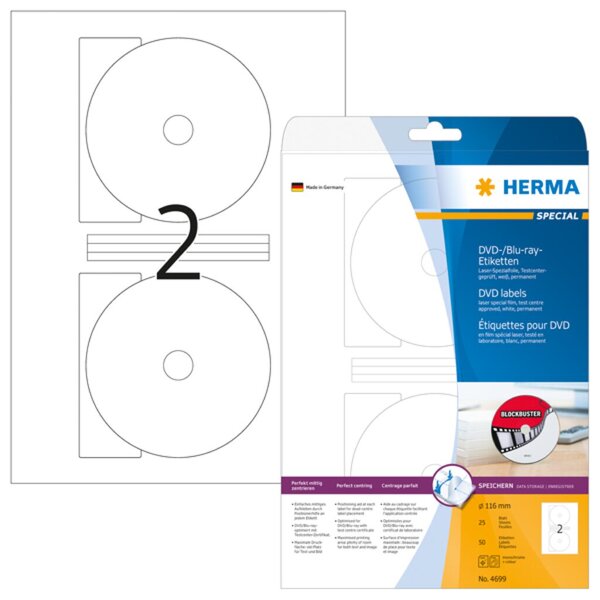 Image HERMA DVD-/Blu-ray-Etiketten A4 weiß 116 mm Folie  50 St.