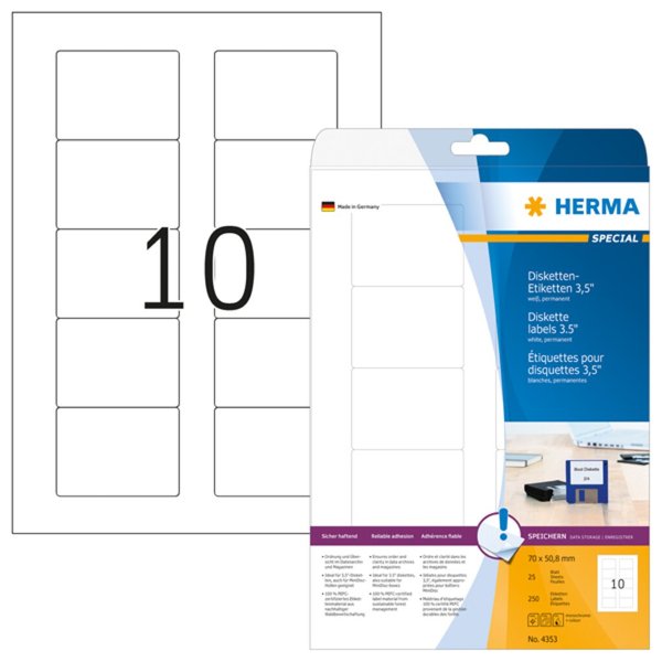 Image HERMA Disketten-Etiketten weiß 70x50,8 mm Papier 250 St.