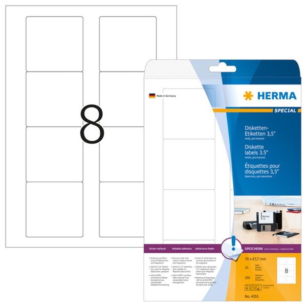 Image HERMA Disketten-Etiketten weiß 70x67,7 mm Papier 200 St.