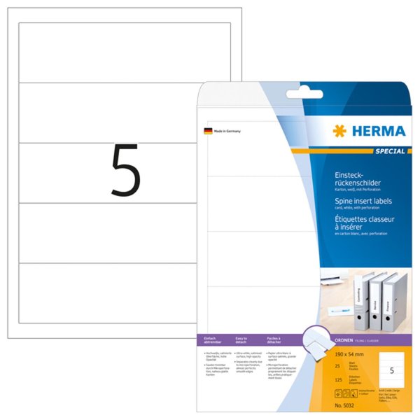 Image HERMA Einsteckrücken A4 weiß 54x190 mm n. klebend 125 St.