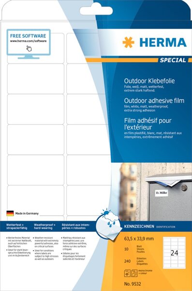 Image HERMA Etik. A4 Outdoor Klebefolie weiß 63,5x33,9 mm 240 St.