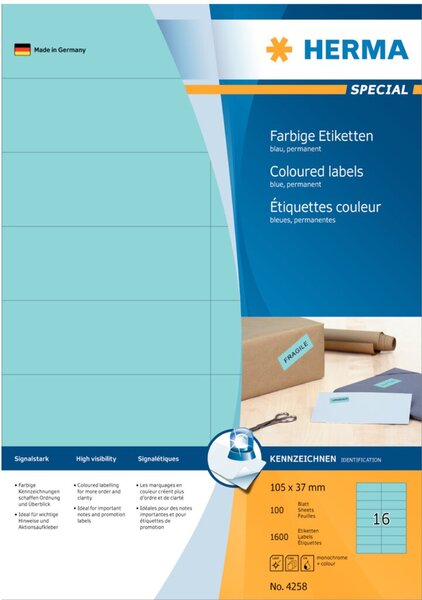 Image HERMA Etiketten A4 blau 105x37 mm Papier matt 1600 St.