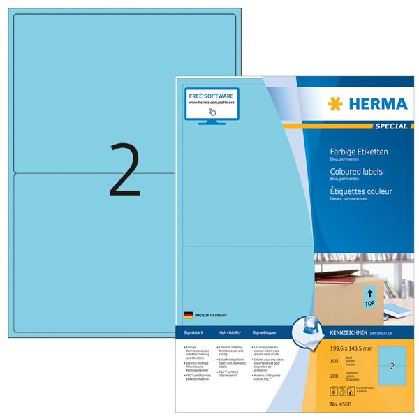 Image HERMA Etiketten A4 blau 199,6x143,5mm Papier matt 1400 St.