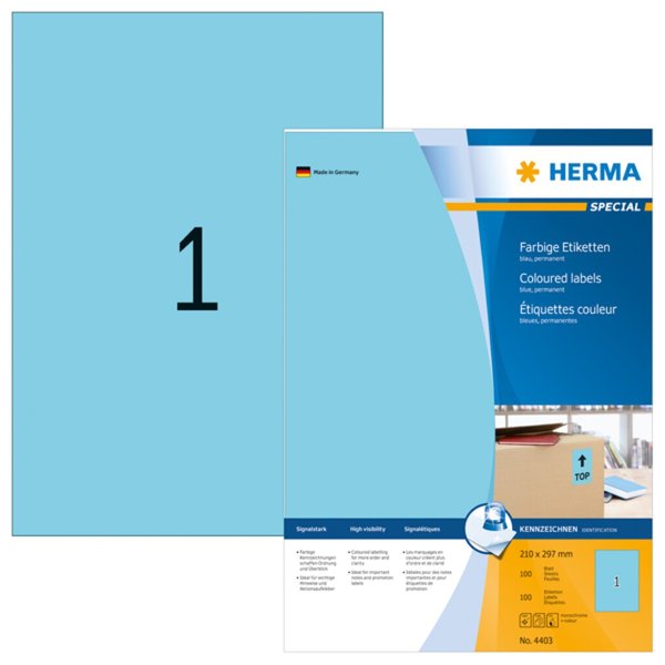 Image HERMA Etiketten A4 blau 210x297 mm Papier matt  100 St.