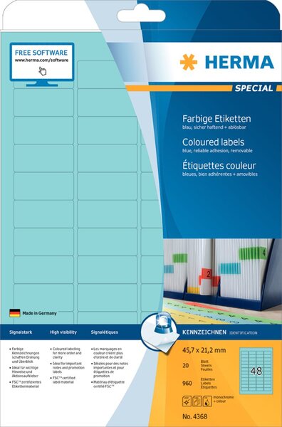 Image HERMA Etiketten A4 blau 45,7x21,2 mm Papier matt 960 St.