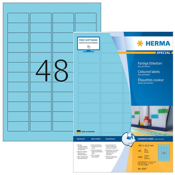 Image HERMA Etiketten A4 blau 45,7x21,2mm Papier matt 4800 St.
