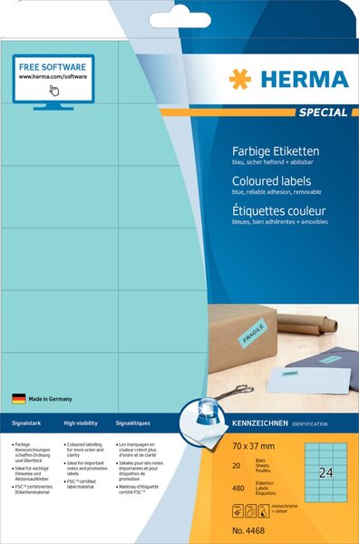 Image HERMA Etiketten A4 blau 70x37 mm Papier matt 480 St.