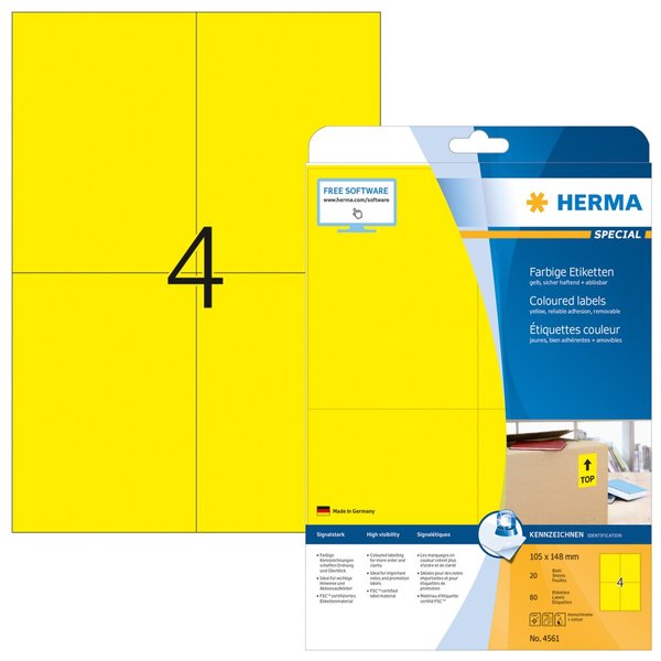 Image HERMA Etiketten A4 gelb 105x148mm Papier matt ablösbar 80St.