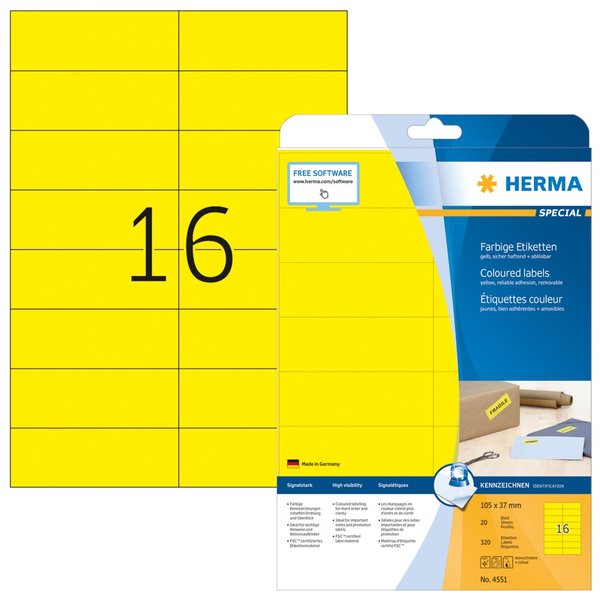Image HERMA Etiketten A4 gelb 105x37mm Papier matt ablösbar 320St.