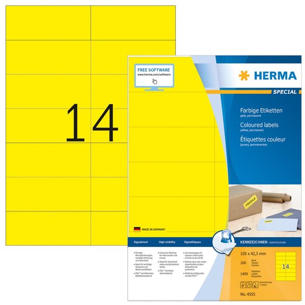 Image HERMA Etiketten A4 gelb 105x42,3mm Papier matt 1400 St.
