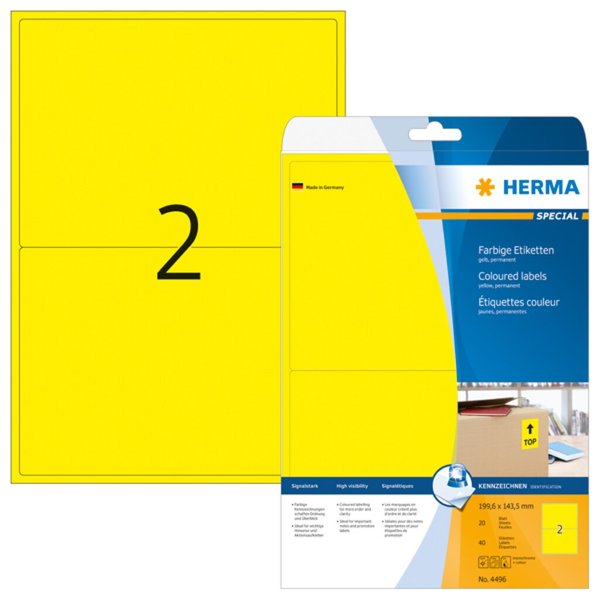 Image HERMA Etiketten A4 gelb 199,6x143,5 mm Papier matt 40 St.