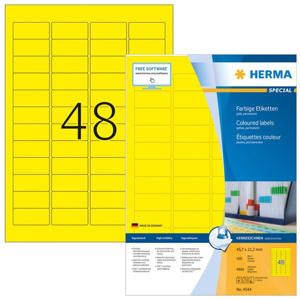 Image HERMA Etiketten A4 gelb 45,7x21,2mm Papier matt 4800 St.