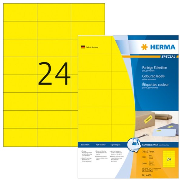 Image HERMA Etiketten A4 gelb 70x37   mm Papier matt 2400 St.