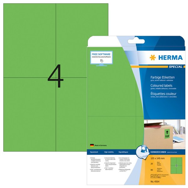 Image HERMA Etiketten A4 grün 105x148mm Papier matt ablösbar 80St.