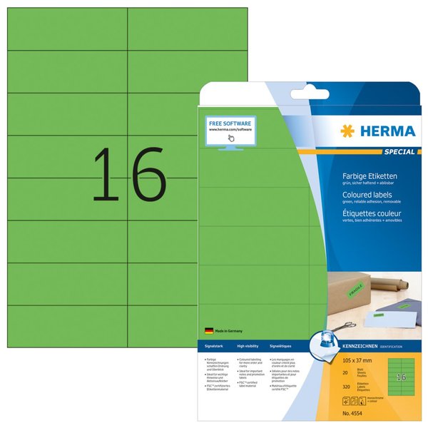 Image HERMA Etiketten A4 grün 105x37mm Papier matt ablösbar 320St.