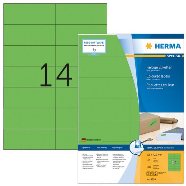 Image HERMA Etiketten A4 grün 105x42,3mm Papier matt 1400 St.