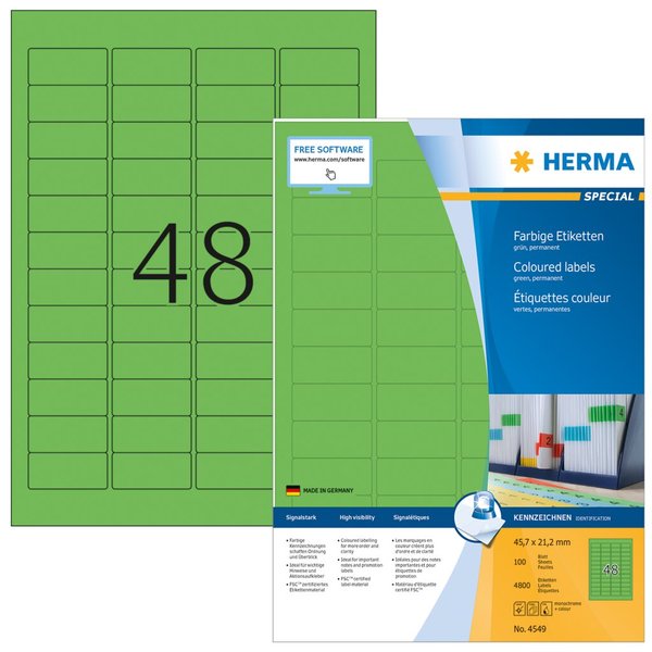 Image HERMA Etiketten A4 grün 45,7x21,2mm Papier matt 4800 St.