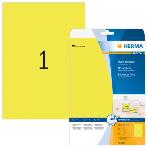 Image HERMA Etiketten A4 neon-gelb   210x297 mm Papier matt 20 St.