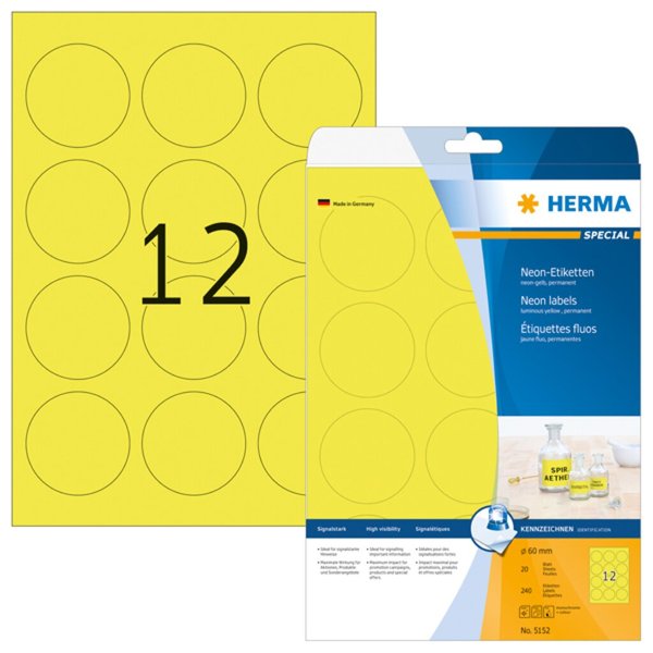 Image HERMA Etiketten A4 neon-gelb   60 mm rund Papier 240 St.