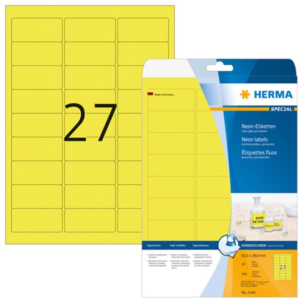 Image HERMA Etiketten A4 neon-gelb   63,5x29,6 mm Papier 540 St.
