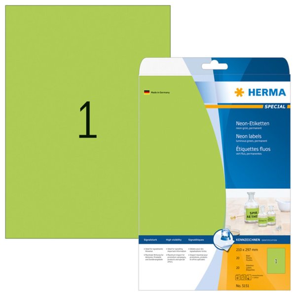 Image HERMA Etiketten A4 neon-grün   210x297 mm Papier matt 20 St.