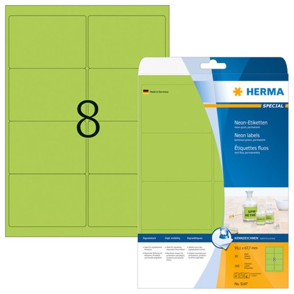 Image HERMA Etiketten A4 neon-grün   99,1x67,7 mm Papier 160 St.