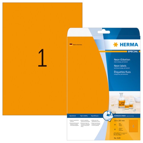 Image HERMA Etiketten A4 neon-orange 210x297 mm Papier matt 20 St.