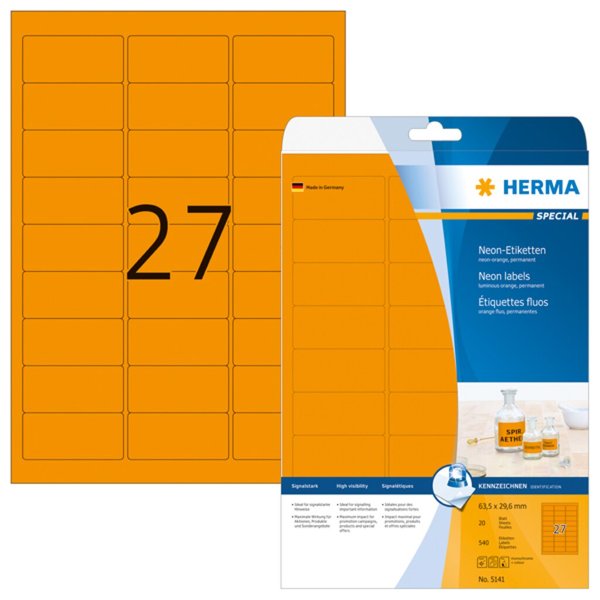 Image HERMA Etiketten A4 neon-orange 63,5x29,6 mm Papier 540 St.