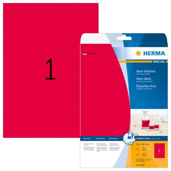 Image HERMA Etiketten A4 neon-rot 210x297   mm Papier matt  20 St.