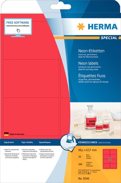 Image HERMA Etiketten A4 neon-rot 99,1x67,7 mm Papier matt 160 St.