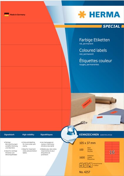 Image HERMA Etiketten A4 rot  105x37 mm Papier matt 1600 St.