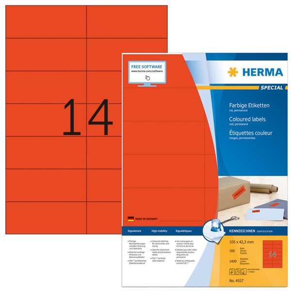 Image HERMA Etiketten A4 rot  105x42,3mm Papier matt 1400 St.