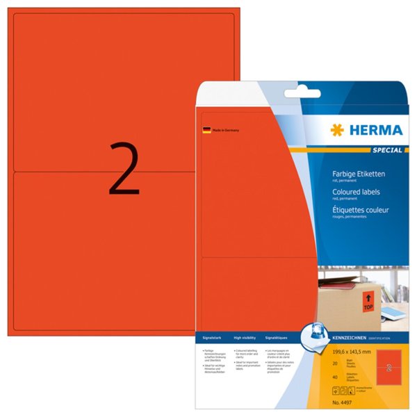 Image HERMA Etiketten A4 rot  199,6x143,5 mm Papier matt 40 St.