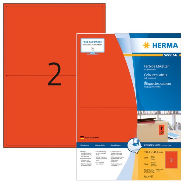 Image HERMA Etiketten A4 rot  199,6x143,5mm Papier matt 1400 St.
