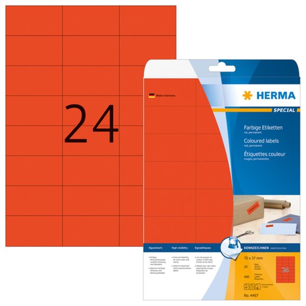 Image HERMA Etiketten A4 rot  70x37 mm Papier matt 480 St.