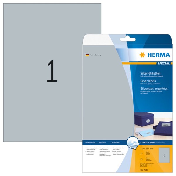 Image HERMA Etiketten A4 silber 210x297   mm Folie glänz.   25 St.