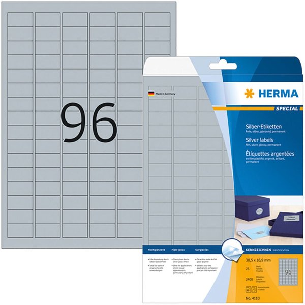 Image HERMA Etiketten A4 silber 30,5x16,9 mm Folie glänz. 2400 St.