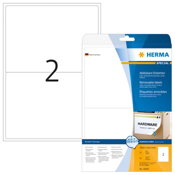 Image HERMA Etiketten A4 weiß 199,6x143,5 mm ablösb. Papier 50 St.